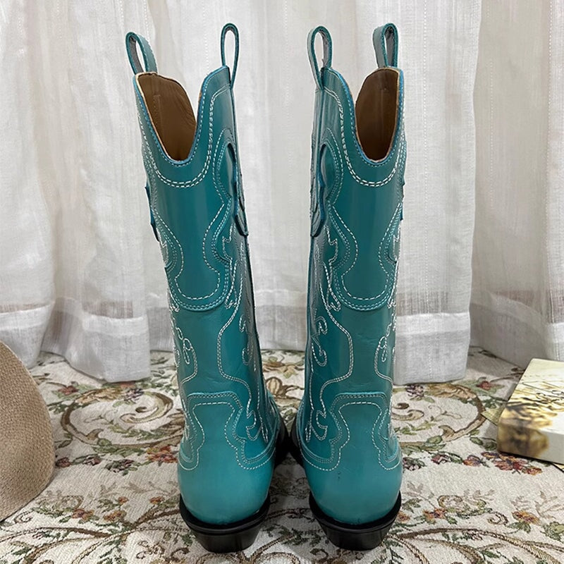 Womens Contrasting Embroidery Western Boots Mid Calf Cowboy Boots