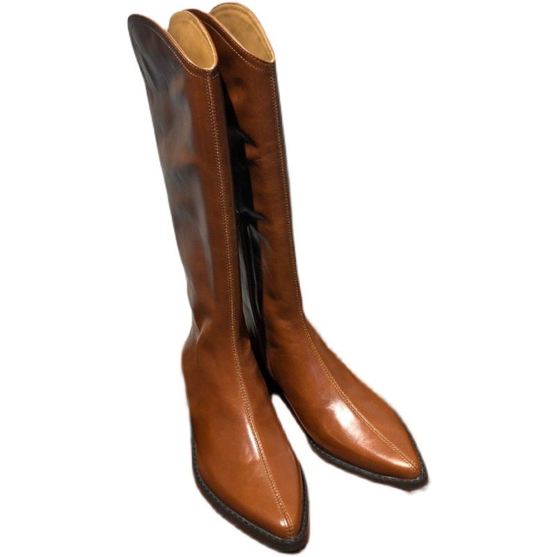 Botas clásicas de vaquero con forro 100% de piel de oveja, hasta la rodilla, tacón medio, cremallera lateral y punta puntiaguda.