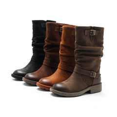 Designer Mid Calf Boots Fold Design Riding Boots Buckle Detail