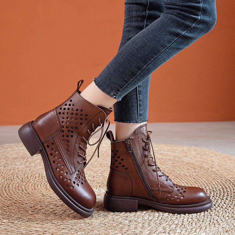 Handmade Genuine Hollow Out Boots Breathable Summer Shoes Side Zipper Ankle Boots Brown/Black