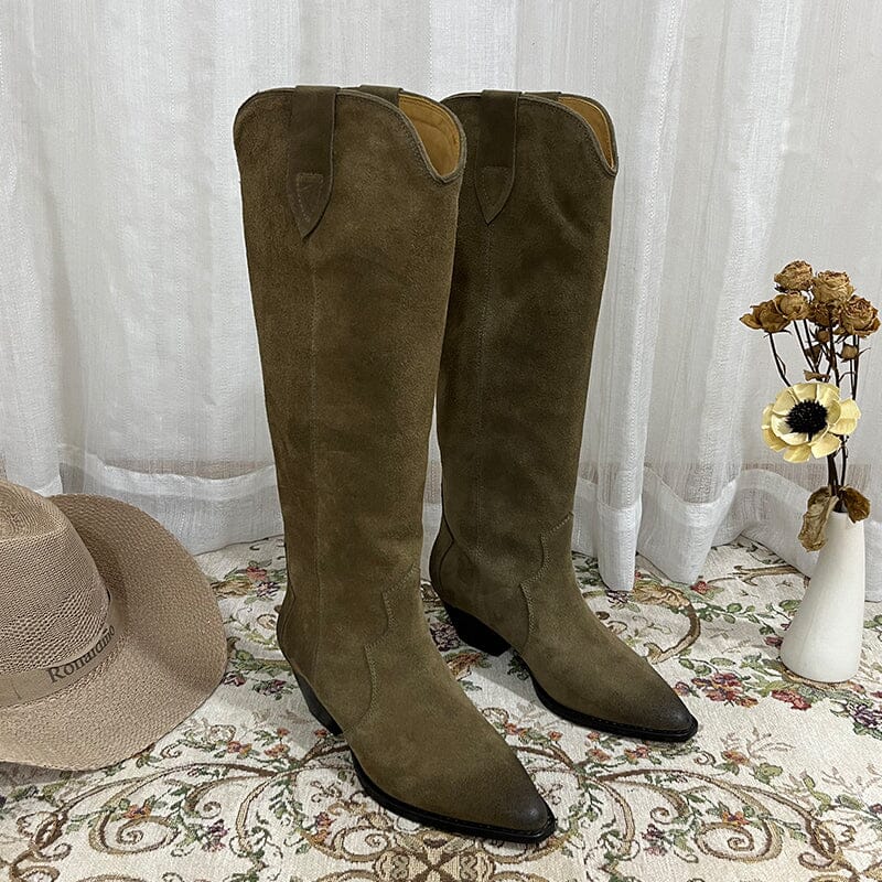 Womens Western Suede Knee High Boots Block Heel - Khaki/Black/Grey/Brown Cowgirl Boots All Genuine Leather