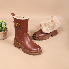 Womens Retro Mid Calf Boots Shearling Lined for Cold Winter Snow Boots