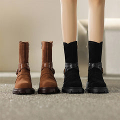 Womens Suede Mid Calf Boots for Winter Buckles Boots