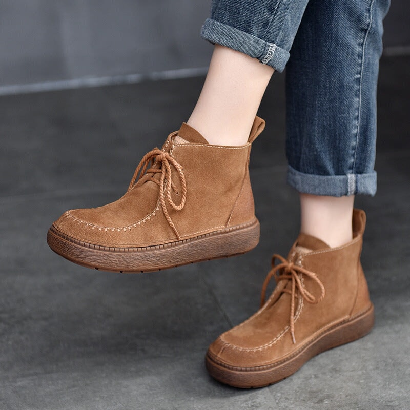 Women's Booties Round Toe Lace-Up Flat Ankle Boots Handmade