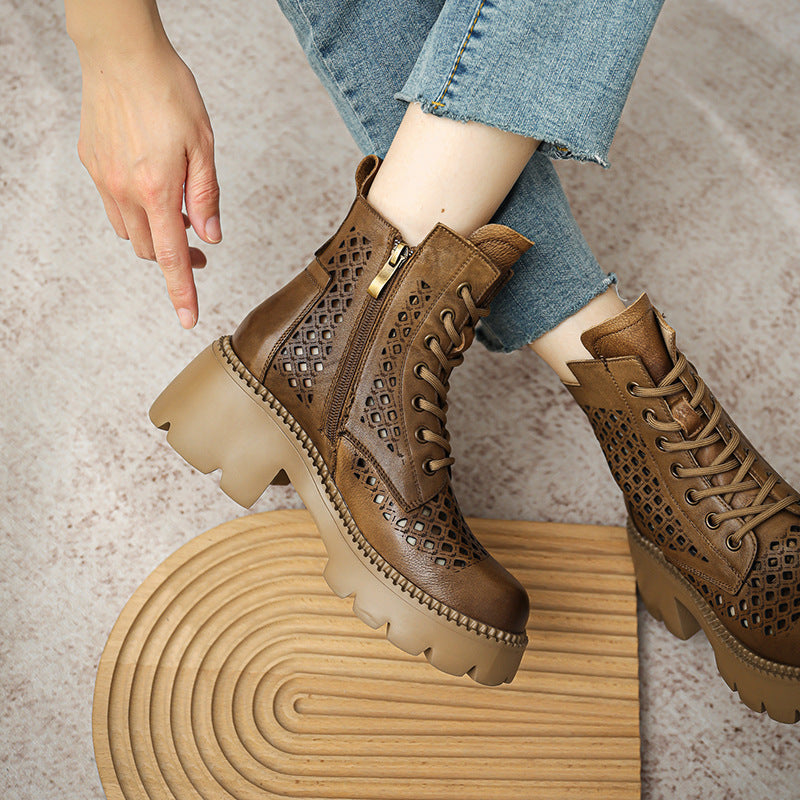 Women's Ankle Booties Round Toe Design Cut Out Martin Boots Brown/Khaki