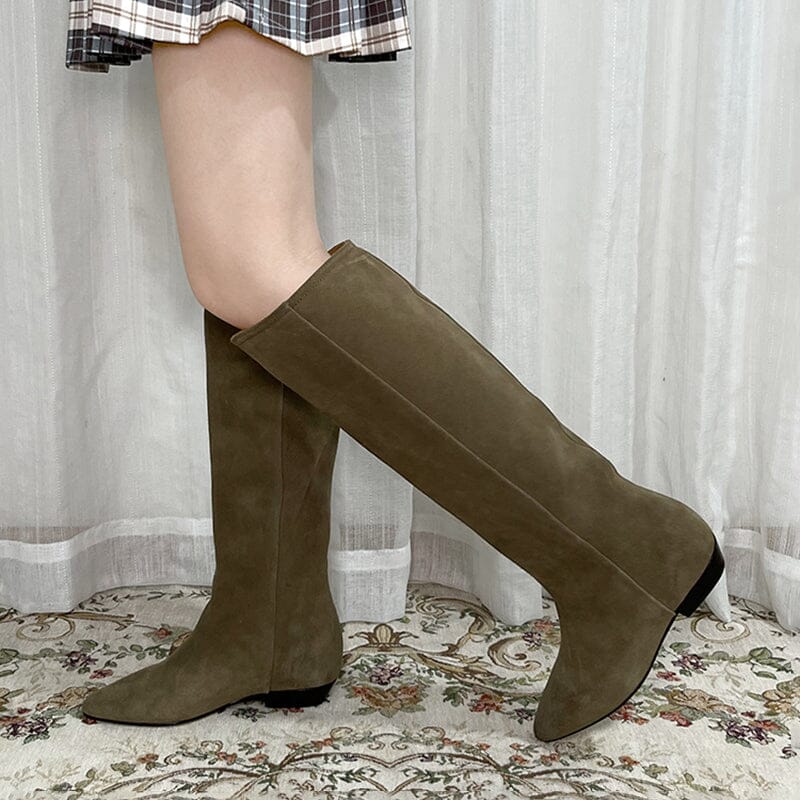 Western Boots Suede Knee High Boots Flat Heel - Khaki/Black/Grey/Brown Cowgirl Boots All Genuine Leather