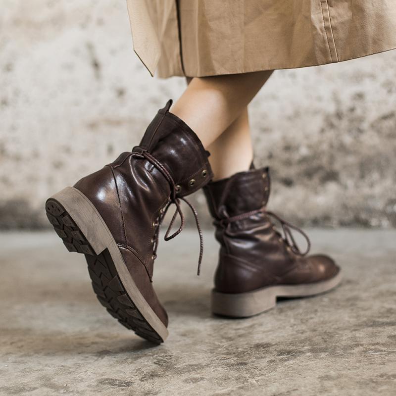 Botas de combate de piel de oveja hechas a mano, botas de montar gruesas de diseño retro, color café/café oscuro/negro