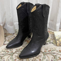 Womens Embroidered Western Boots Block Heel Short Boots All Genuine Leather