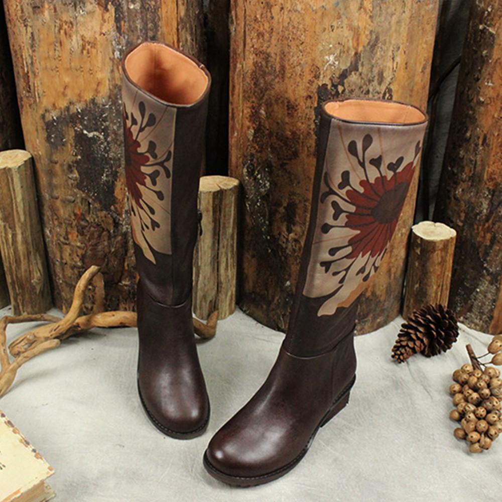 Handmade Knee High Boots  Block Heel Biker Boots Retro Flowers