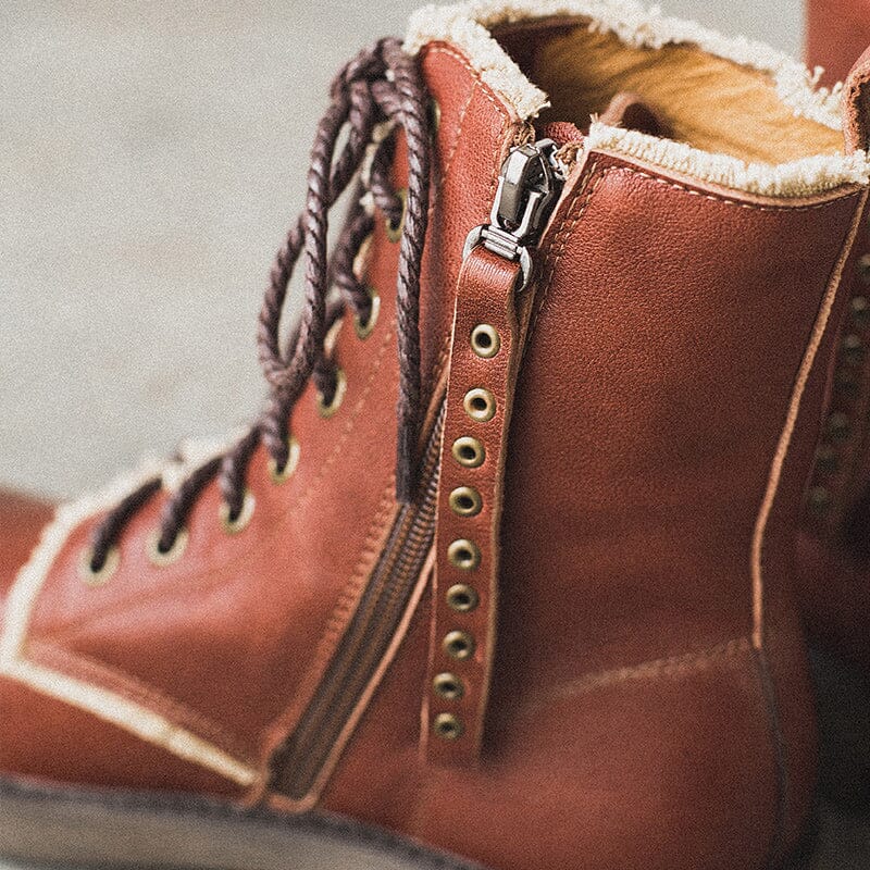 Botas de combate de piel de oveja de moda, botas de montar gruesas retro de diseñador, negras y marrones