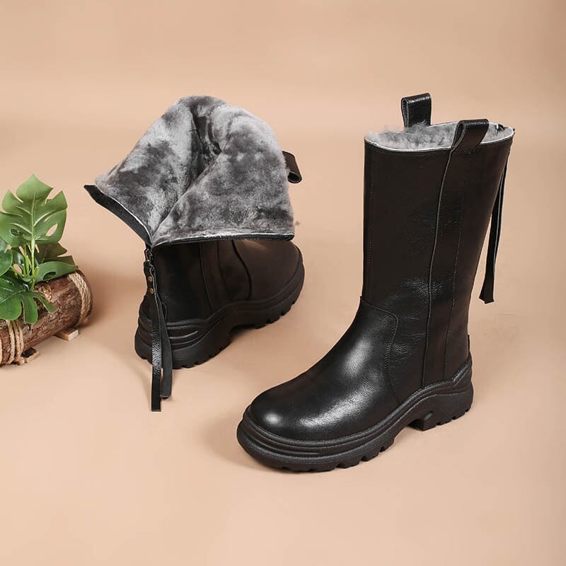 Womens Shearling Lined Snow Boots for Cold Winter Retro Mid Calf Boots