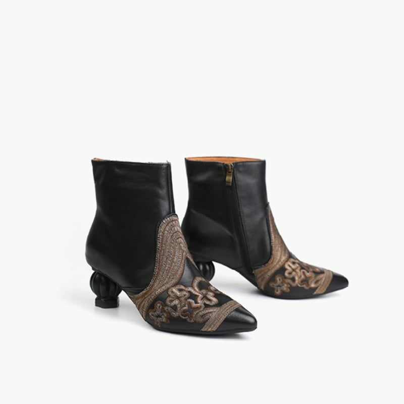 Botas cortas retro bordadas con cremallera lateral para mujer