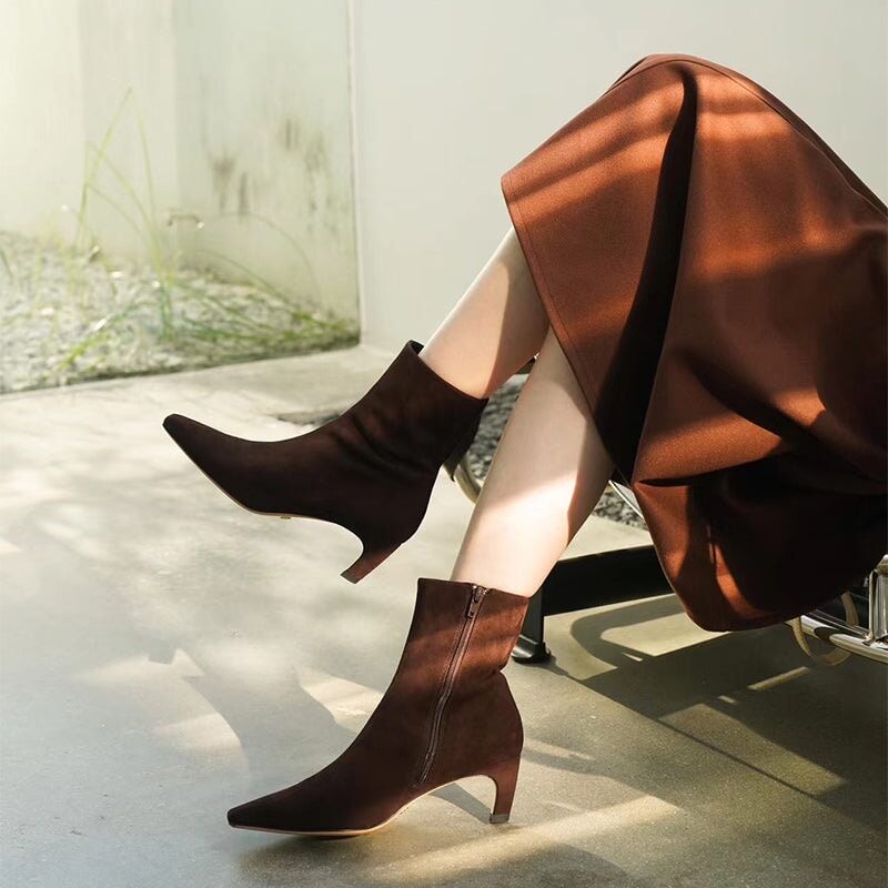 Elegant Ankle Boots Mid Heel Sheepskin Elastic Boots Elegant Glove-Like