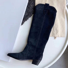 Botas vaqueras de ante estilo western para mujer, tacón de bloque, color caqui, negro, gris y marrón, de piel auténtica.