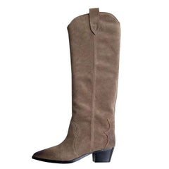 Womens Western Suede Knee High Boots Block Heel - Khaki/Black/Grey/Brown Cowgirl Boots All Genuine Leather