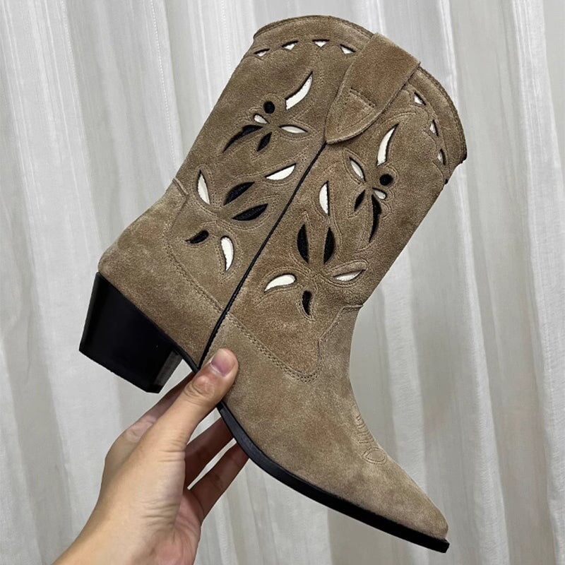 Botas vaqueras para mujer con tacón de bloque y cortes, de piel auténtica.