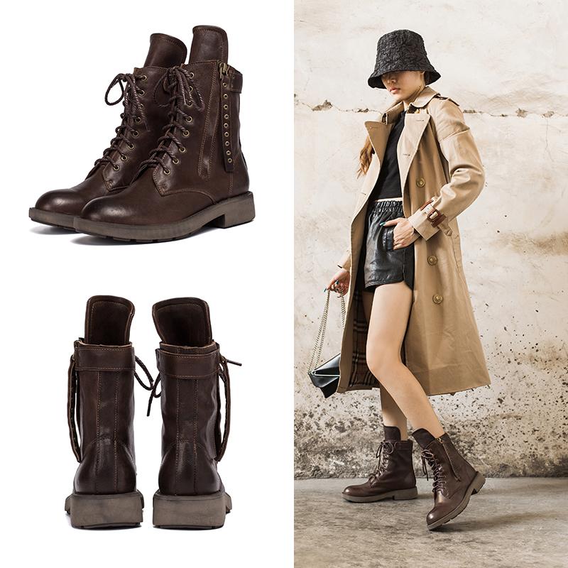 Punk Sheepskin Combat Boots Designer Retro Chunky Riding Boots Side Zip