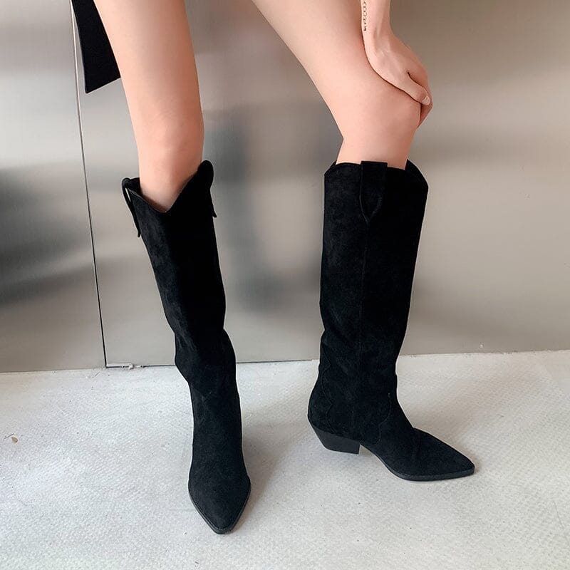 Womens Western Suede Knee High Boots Block Heel - Khaki/Black/Grey/Brown Cowgirl Boots All Genuine Leather