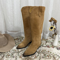 Womens Western Suede Knee High Boots Block Heel - Khaki/Black/Grey/Brown Cowgirl Boots All Genuine Leather