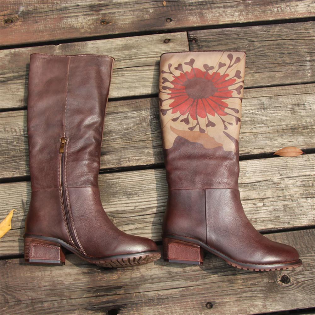 Handmade Knee High Boots  Block Heel Biker Boots Retro Flowers