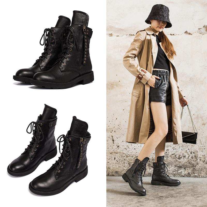 Punk Sheepskin Combat Boots Designer Retro Chunky Riding Boots Side Zip