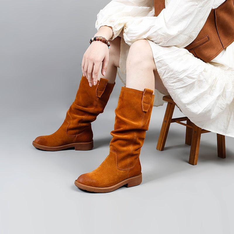 Designer Suede Knee High Boots Fold Design Riding Boots