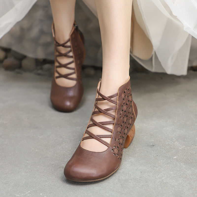 Handmade Genuine Pumps Retro Round Toe Ankle Boots Block Heels Side Zipper Coffee/Brown