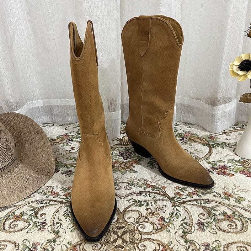 Botas vaqueras de ante estilo western para mujer, de media pantorrilla y tacón cuadrado, color caqui, negro, gris y marrón, totalmente de cuero genuino.