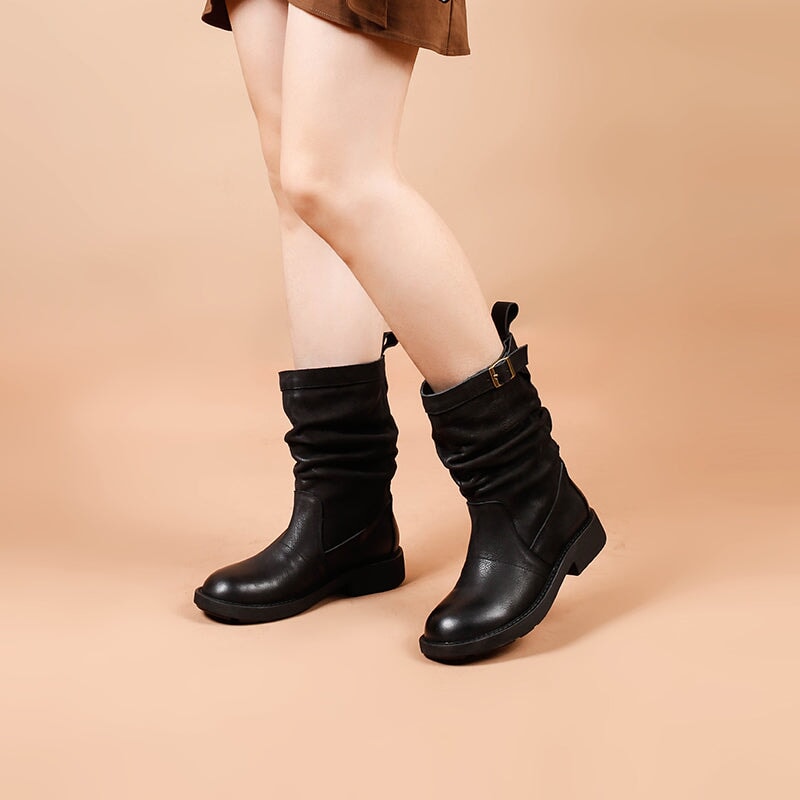 Designer Mid Calf Boots Fold Design Riding Boots Pull On Style With Buckle Detail