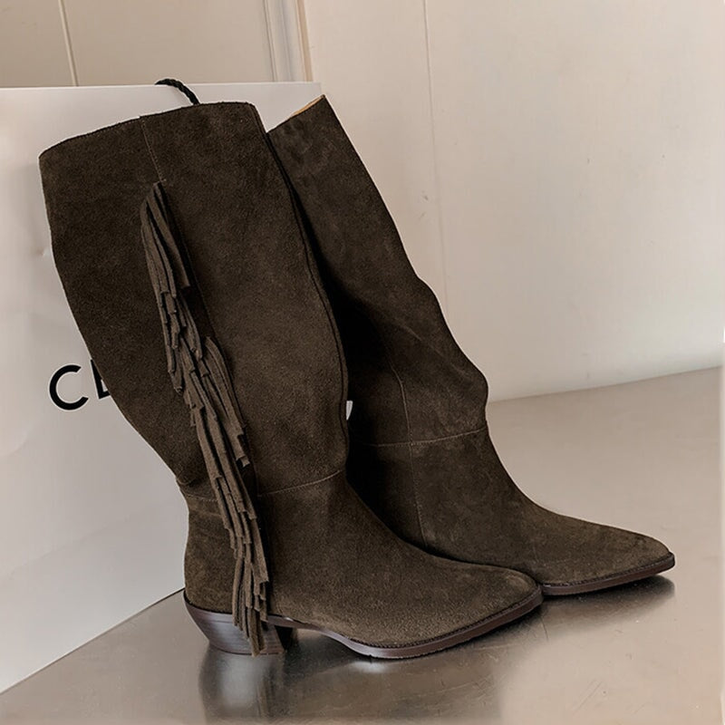 Botas altas de ante para mujer, tacón de bloque de 40 mm, con borlas, estilo vaquero