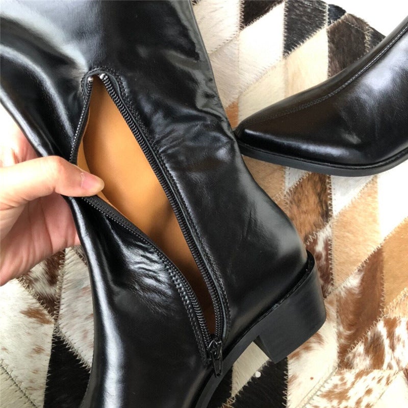 Botas clásicas de vaquero con forro 100% de piel de oveja, hasta la rodilla, tacón medio, cremallera lateral y punta puntiaguda.