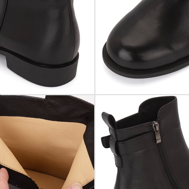 Botas de media pantorrilla elegantes de diseñador con punta redonda, cremallera lateral y tacón de bloque con hebillas