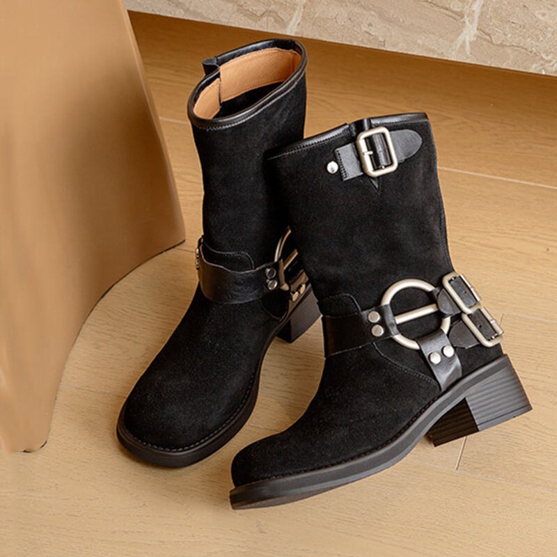 Suede Short Boots Buckle Boots Big Round Toe