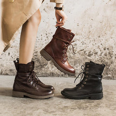 Botas de combate de piel de oveja hechas a mano, botas de montar gruesas de diseño retro, color café/café oscuro/negro