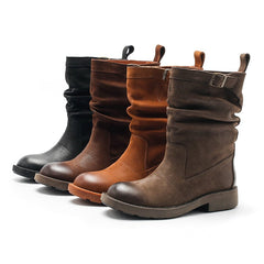 Designer Mid Calf Boots Fold Design Riding Boots Pull On Style With Buckle Detail