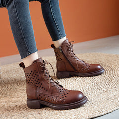 Handmade Genuine Hollow Out Boots Breathable Summer Shoes Side Zipper Ankle Boots Brown/Black