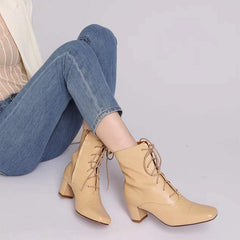 Lace-up Ankle Boots Nude Elegant Glove-Like Retro Boots Block Heel