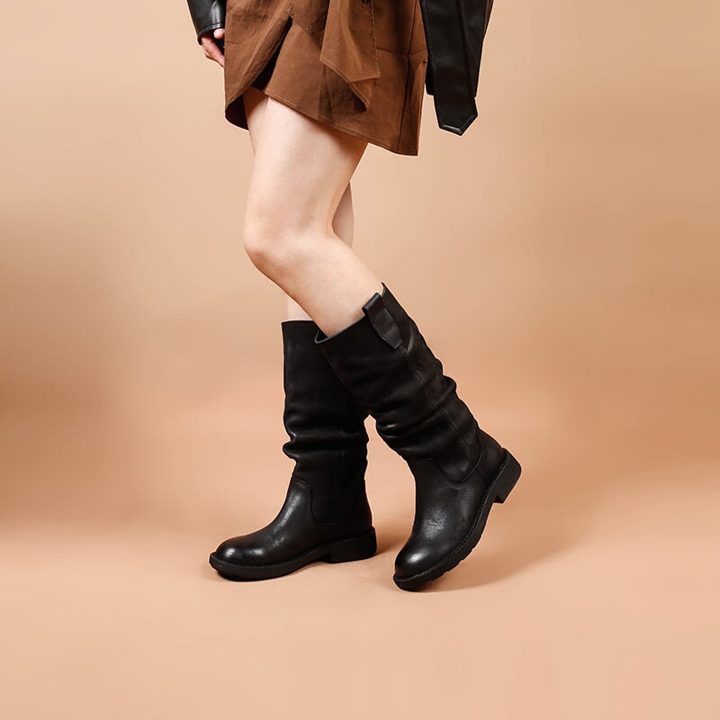 Designer Full Grain Knee High Boots Fold Design Riding Boots