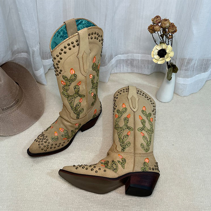 Botas vaqueras bordadas con remaches decorativos para mujer, color caqui, con costuras en contraste