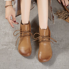 Handmade Retro Lace Up Ankle Boots Brown/Khaki