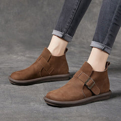Women's Ankle Boots Round Toe Retro Flat Shoes Casual Buckle Boots Khaki/Coffee