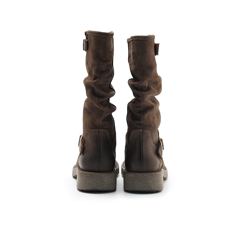 Designer Mid Calf Boots Fold Design Riding Boots Buckle Detail