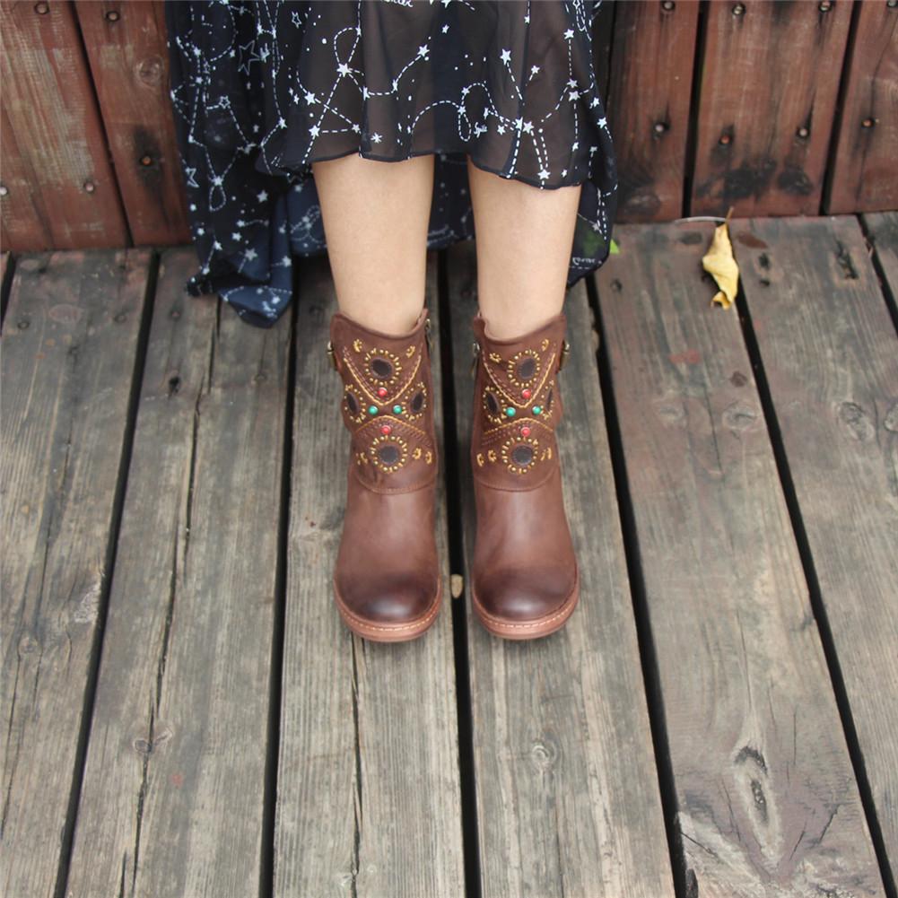 Ankle Boots Retro Rivet Comfortable Walking Round Toe Coffee