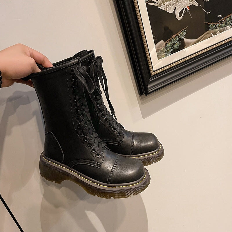 Botines de combate gruesos con cordones y cremallera lateral para mujer