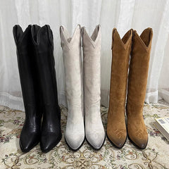 Botas vaqueras de ante estilo western para mujer, hasta la rodilla, con tacón de bloque, en gris, marrón y negro. Todas de cuero genuino.