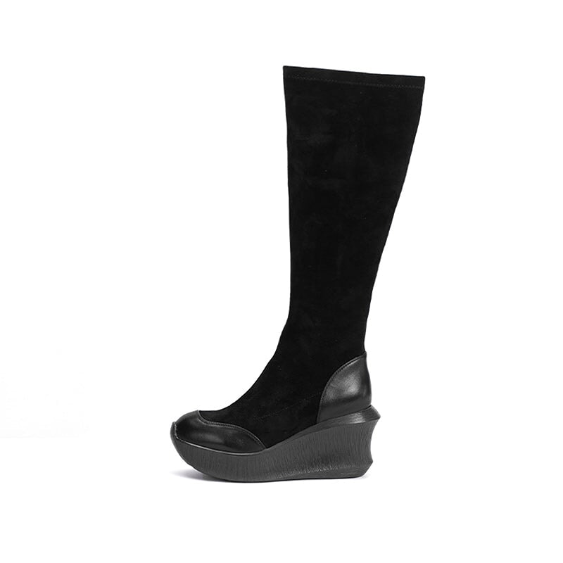 Designer 83mm Knee-high Wedge Boots Stretch Boots