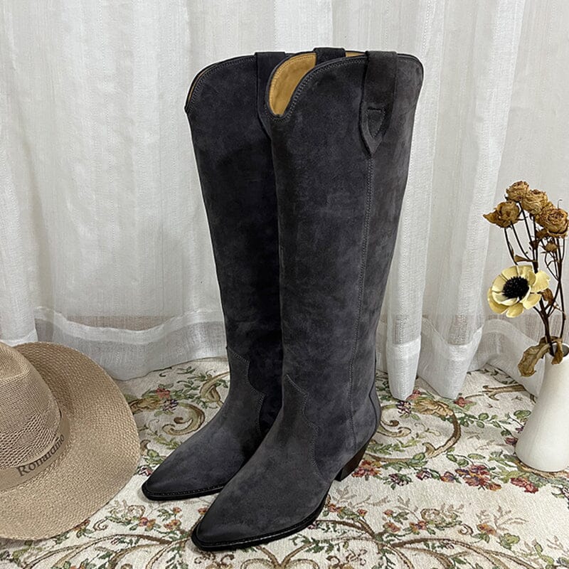 Womens Western Suede Knee High Boots Block Heel - Khaki/Black/Grey/Brown Cowgirl Boots All Genuine Leather