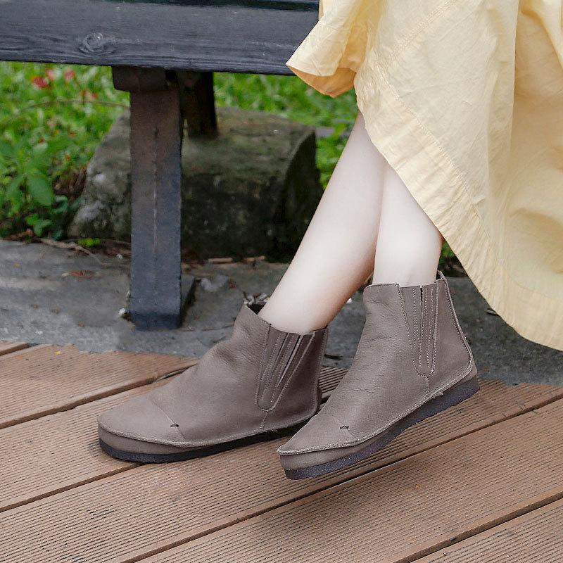 Retro Genuine Soft Flat Boots Round Toe Chelsea Boots Wide Fit Apricot Coffee