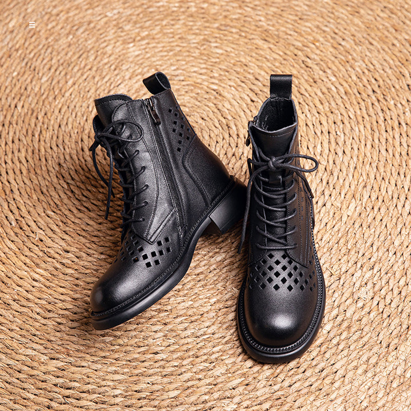 Handmade Genuine Hollow Out Boots Breathable Summer Shoes Side Zipper Ankle Boots Brown/Black