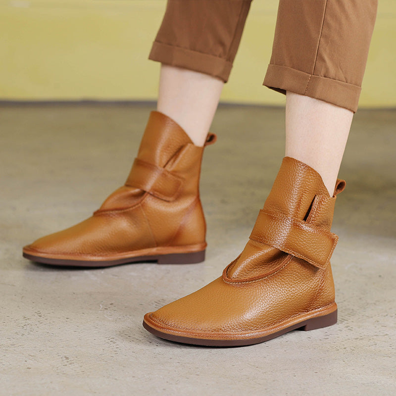 Handmade's Booties Round Toe Velcro Flat Ankle Boots Brown/Black/Coffee